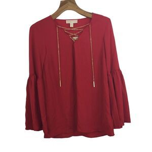 MICHAEL KORS Chain Lace Up Bell Sleeve Blouse Top True Red Size Small NWT